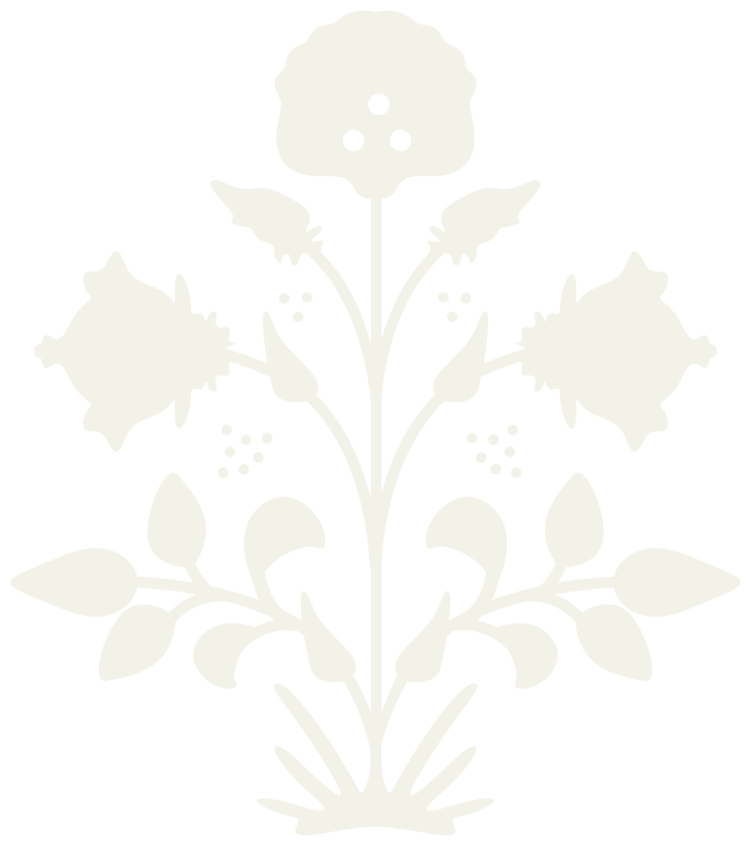 Silhouette of a botanical floral design with multiple flowers and leaves on a black background.
