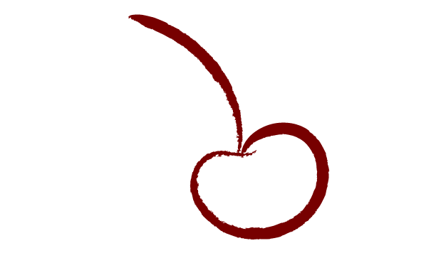 A simple black and red line drawing of a cherry with a stem.
