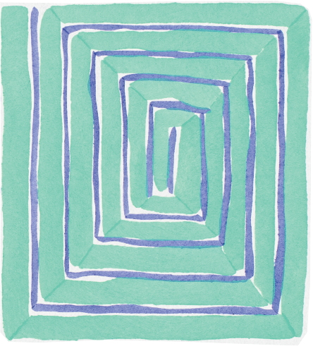 A hand-painted abstract design of concentric squares in purple on a green background.