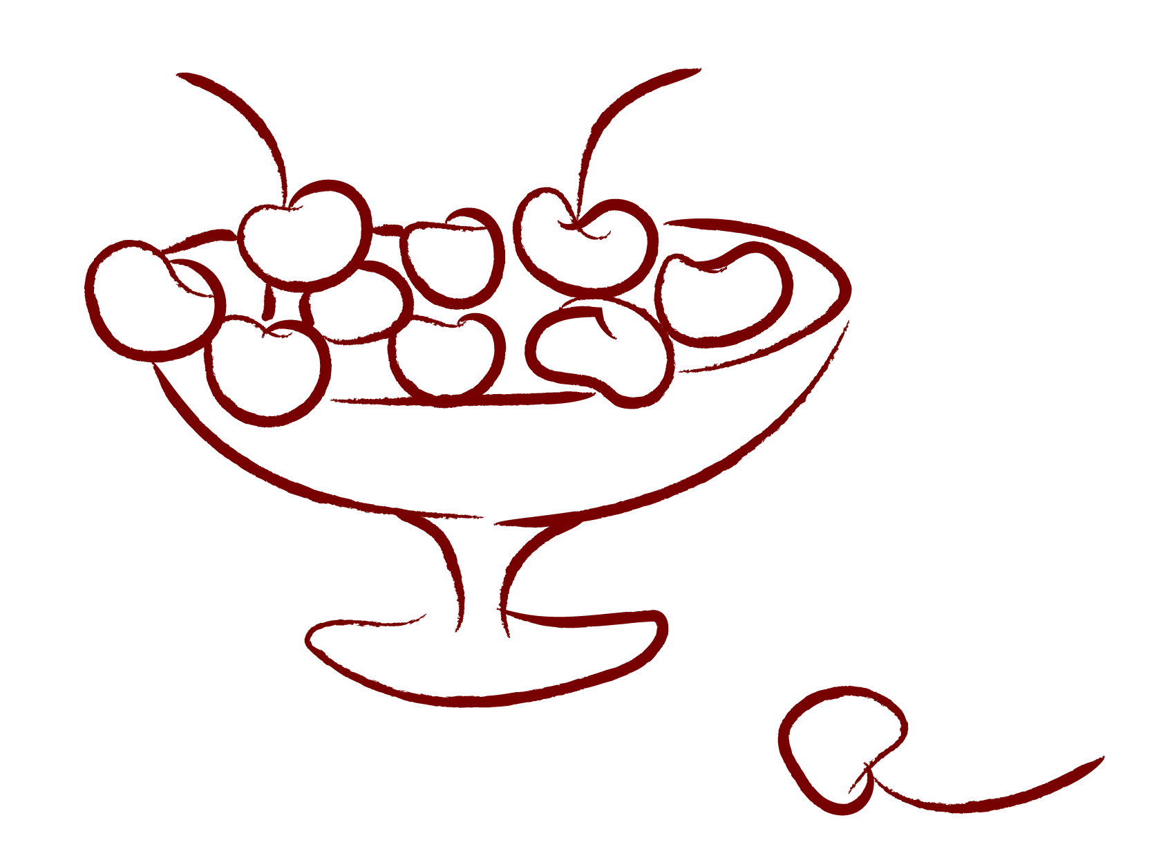 Line drawing of a bowl of cherries with one cherry attached to a stem outside the bowl.