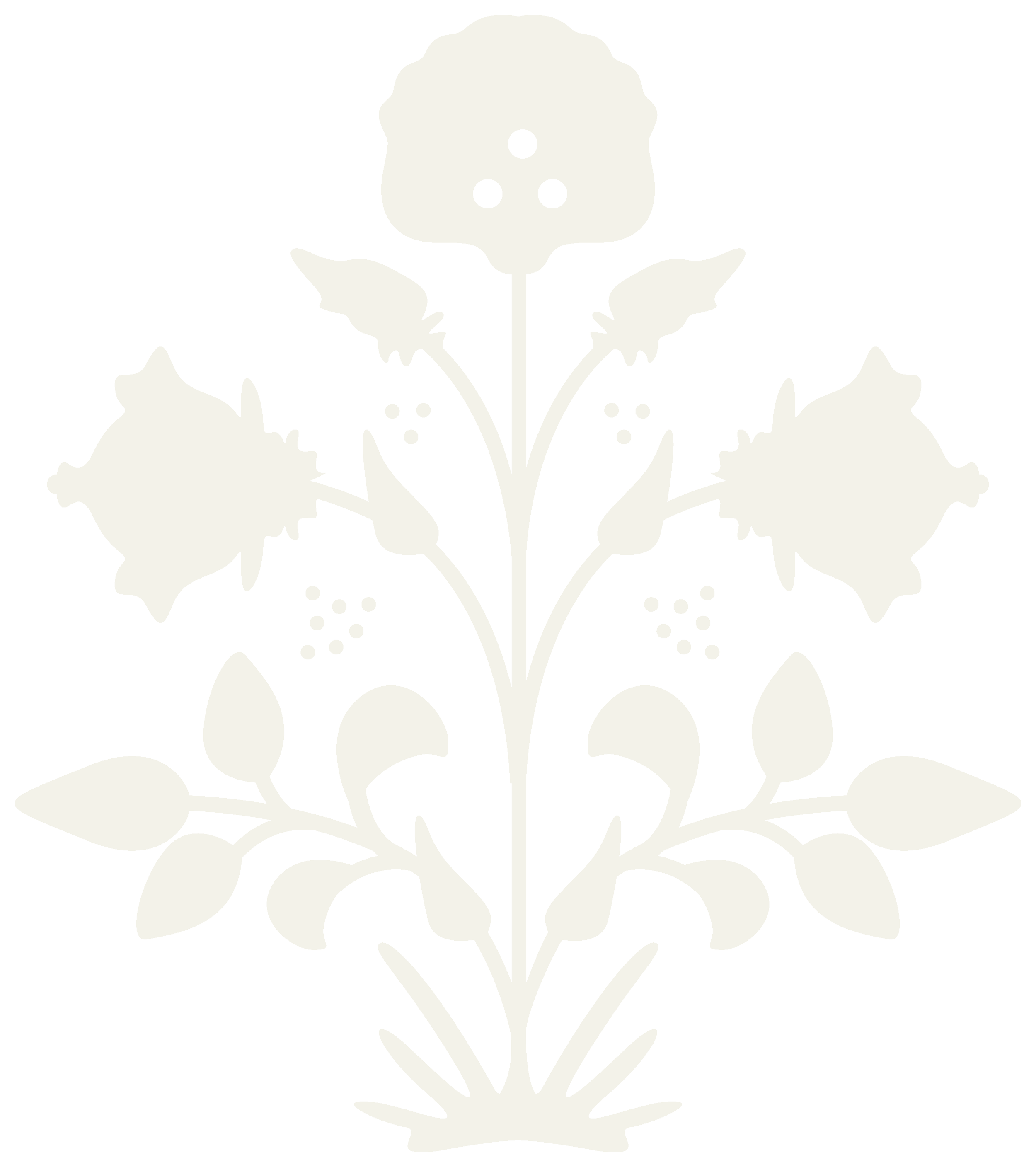 Silhouette of a floral pattern with three large flowers, leaves, and small buds on a black background.
