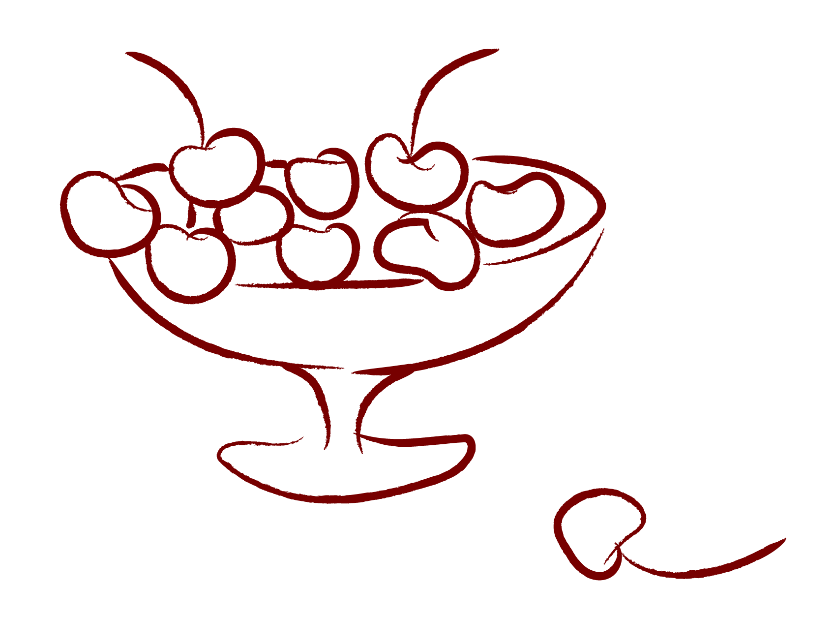 Line drawing of a bowl filled with cherries, with a single cherry and its stem outside the bowl.