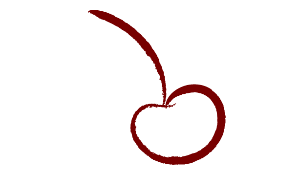 Line drawing of a cherry with a stem, in dark red, on a black background.