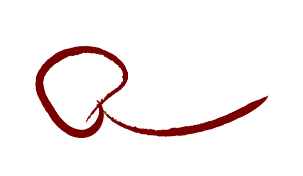 A red painted heart with a trail extending from it, forming a cursive letter 'L' on a black background.
