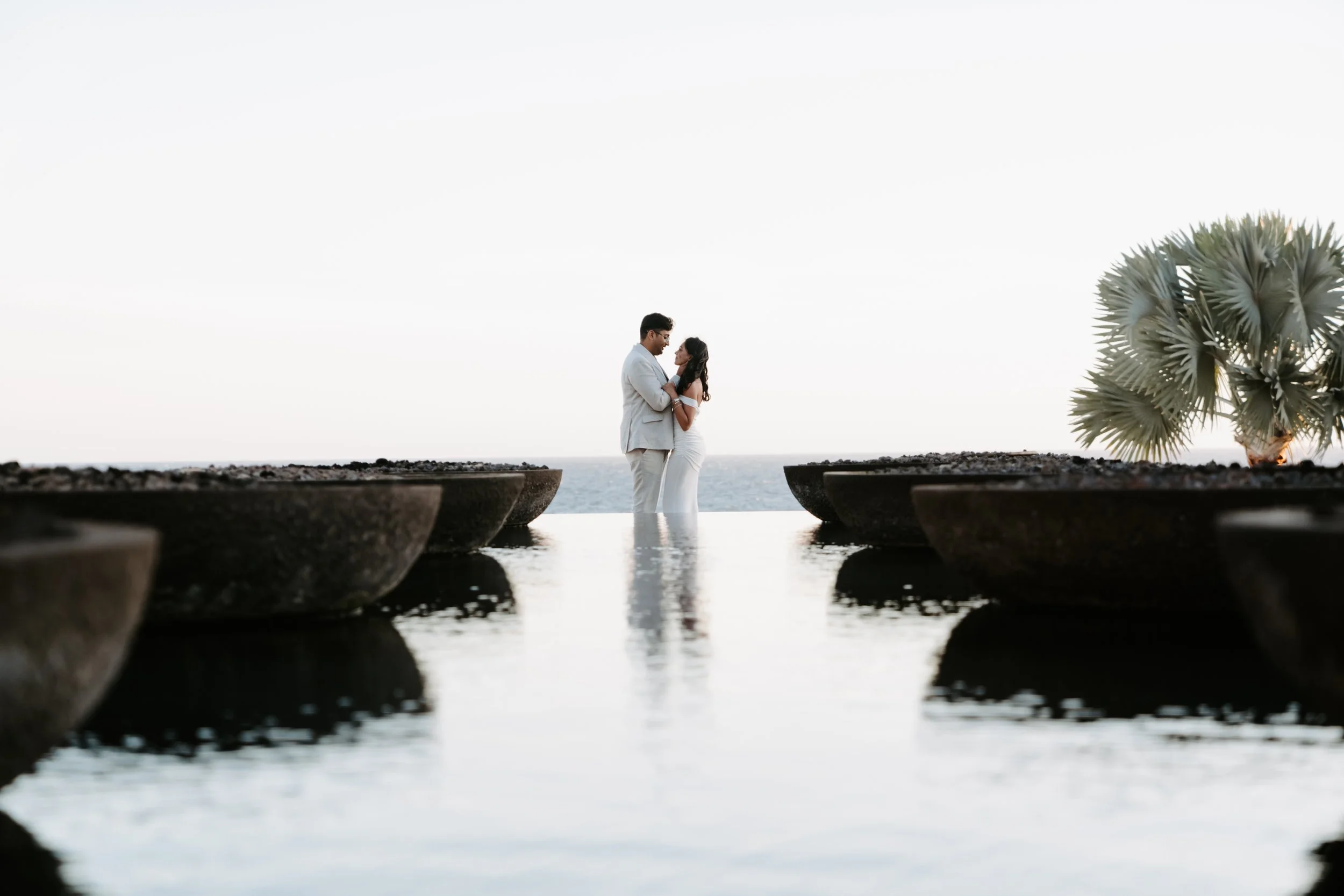 A couple in wedding attire standing on a reflective water surface near the ocean, surrounded by large potted plants and a tropical tree, with a clear sky in the background.
