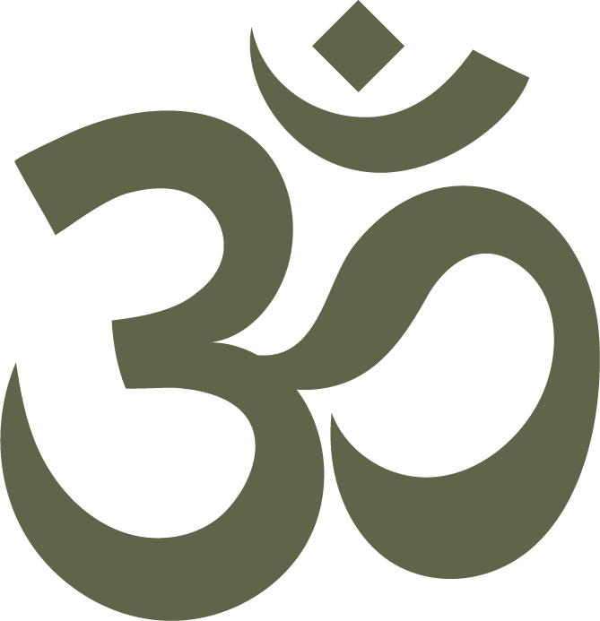 Large stylized Om symbol in dark olive green.