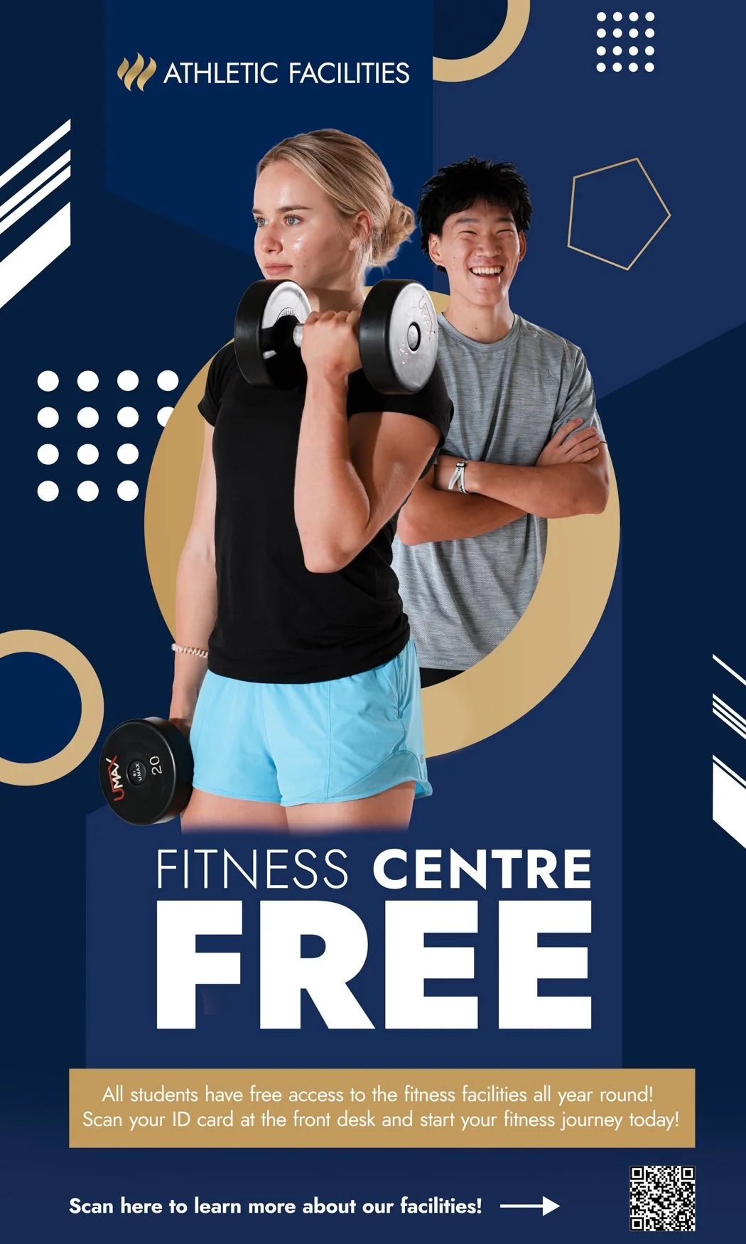 A promotional poster for a fitness center offering free access for students, featuring a young woman lifting dumbbells and a smiling young man with arms crossed, with abstract geometric designs and text about facility access.