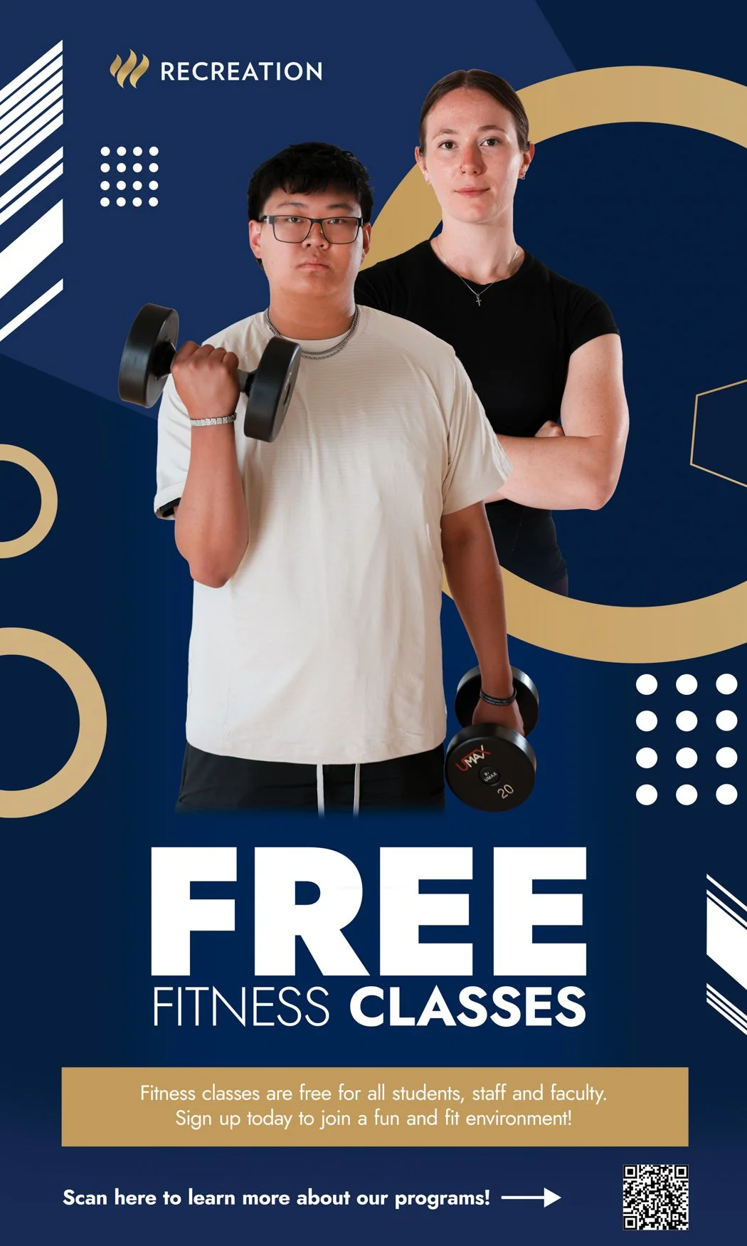 A promotional flyer for free fitness classes featuring a young man holding dumbbells and an older woman standing behind him with crossed arms, set against a dark blue background with geometric patterns. Text on the flyer indicates that fitness classes are free for all students, staff, and faculty, and invites people to sign up and learn more through a QR code.