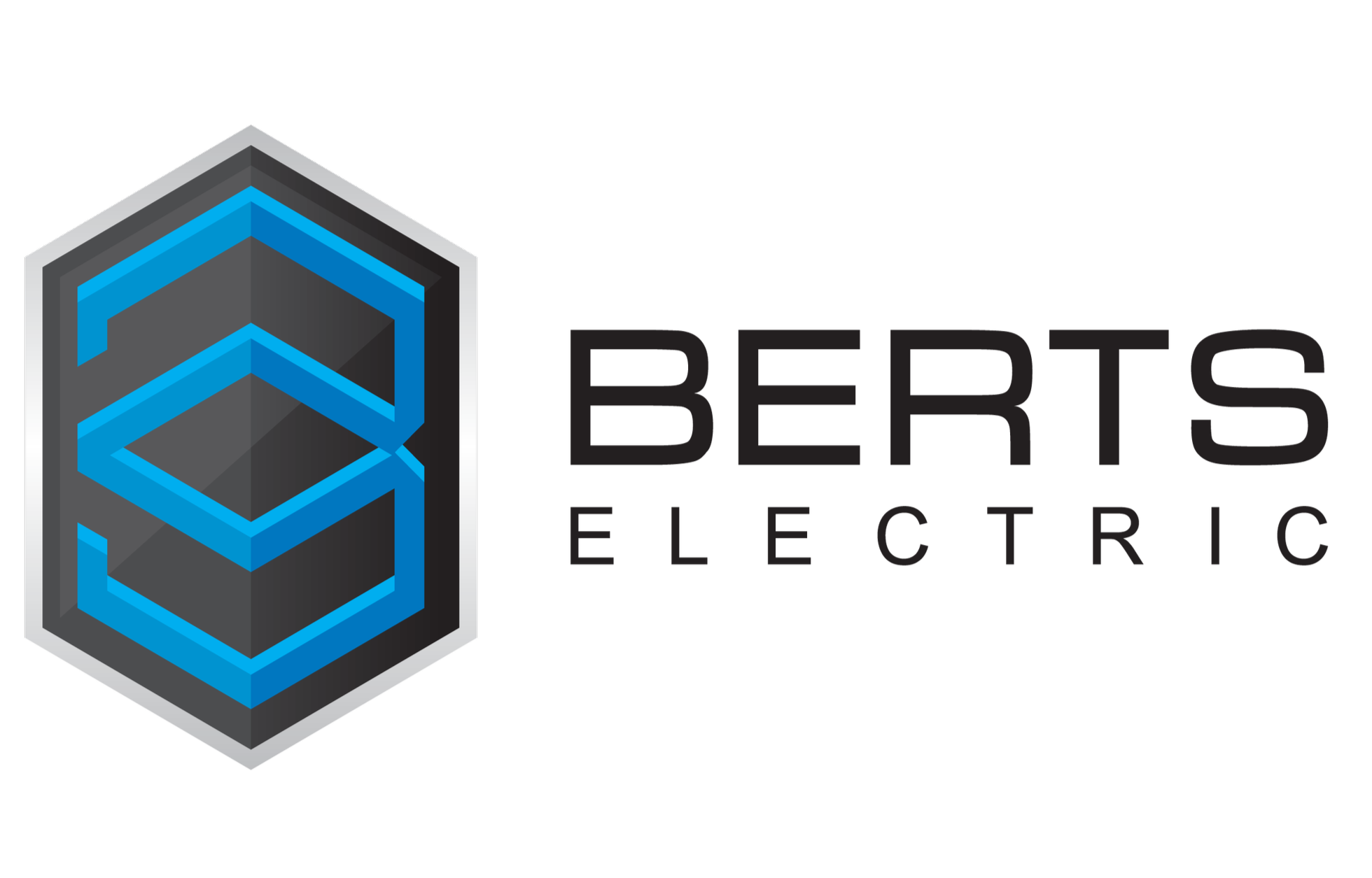Logo of Berts Electric featuring a stylized blue and black hexagonal electrical box icon to the left of the black text 'Berts Electric'.
