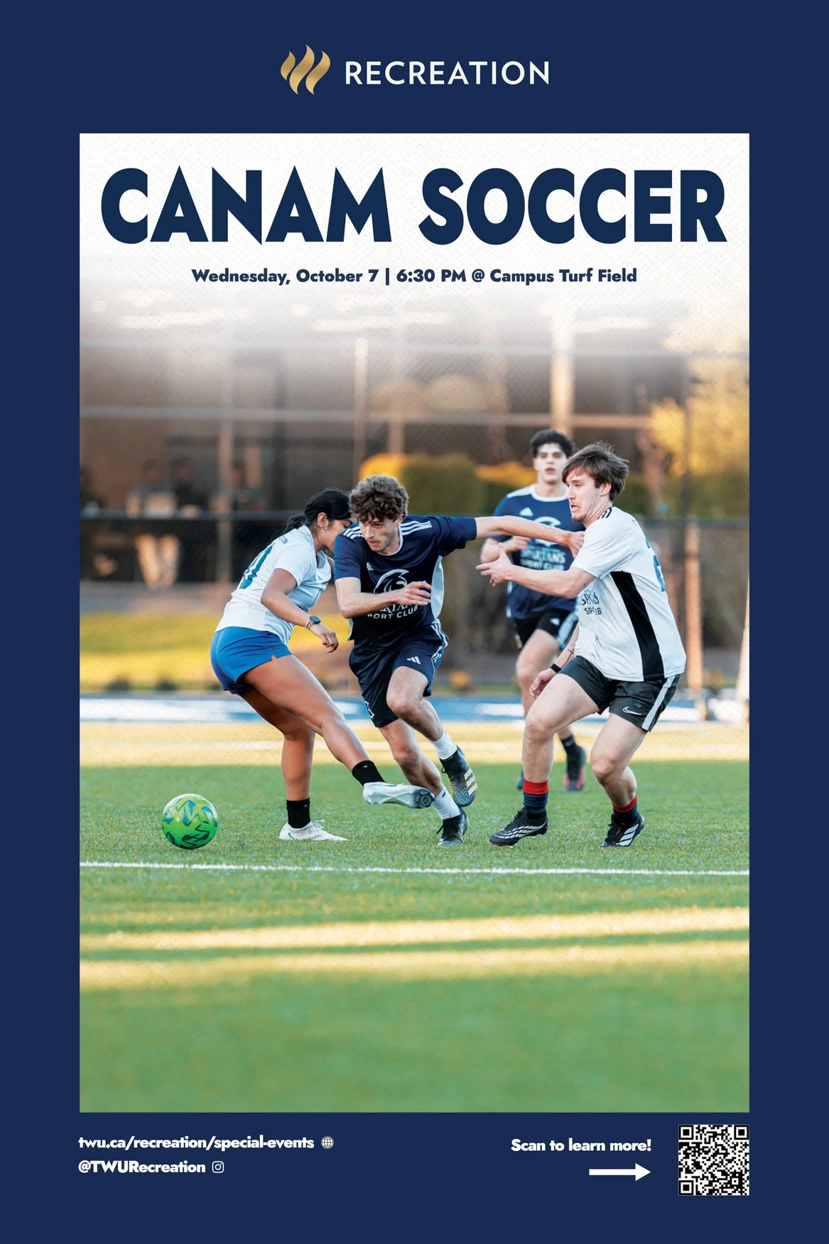 Poster advertising CANAM soccer event on October 7 at 6:30 PM on Campus Turf Field, featuring a photo of youth playing soccer outdoors.
