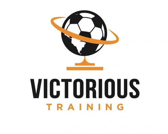 Logo with a globe featuring a soccer ball in the upper part, wrapped by an orange swoosh, and the words "Victorious Training" underneath, with "Victorious" in bold black letters and "Training" in orange.
