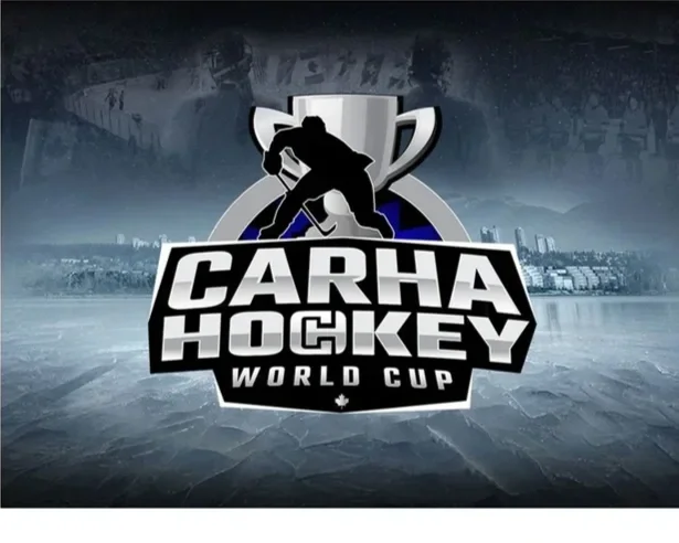 Logo for Carha Hockey World Cup featuring a hockey player silhouette and a trophy.