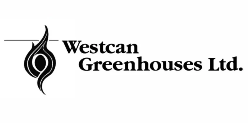 Westcan Greenhouses Ltd. logo with a stylized flame or plant design in black and white.