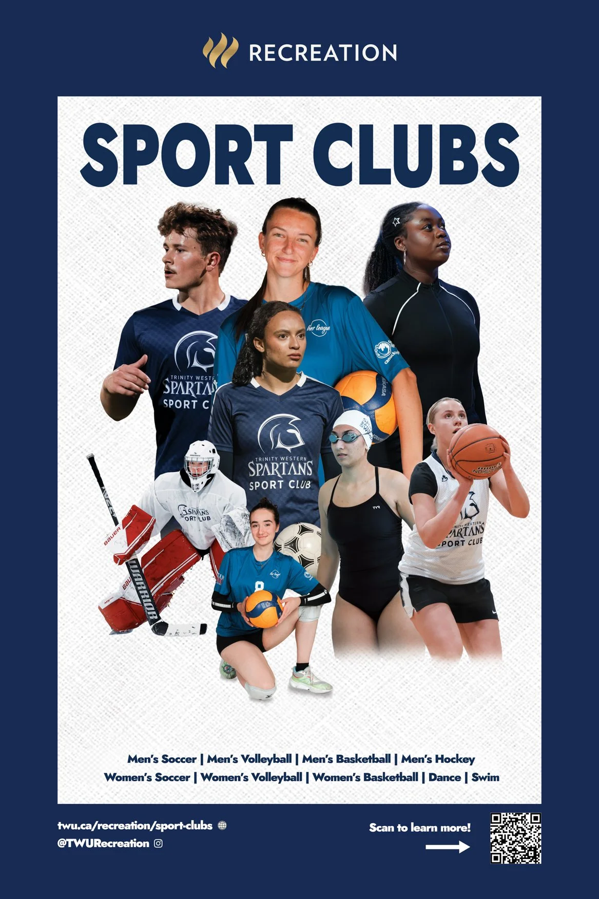 A poster promoting the Trinity Western University recreation sport clubs featuring images of athletes in soccer, volleyball, basketball, hockey, dance, and swim, with text about various men's and women's sports teams and a QR code at the bottom right.