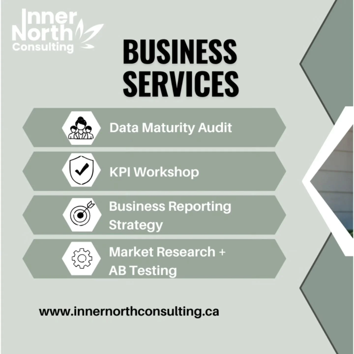 🌐 www.innernorthconsulting.ca 

Slide 1/3 &mdash; Data Services 🌿

From clarity to action.
Our services are designed to meet you where you are and build what you actually need&mdash;no fluff, no generic dashboards.

✔️ Data Maturity Audits
✔️ KPI W