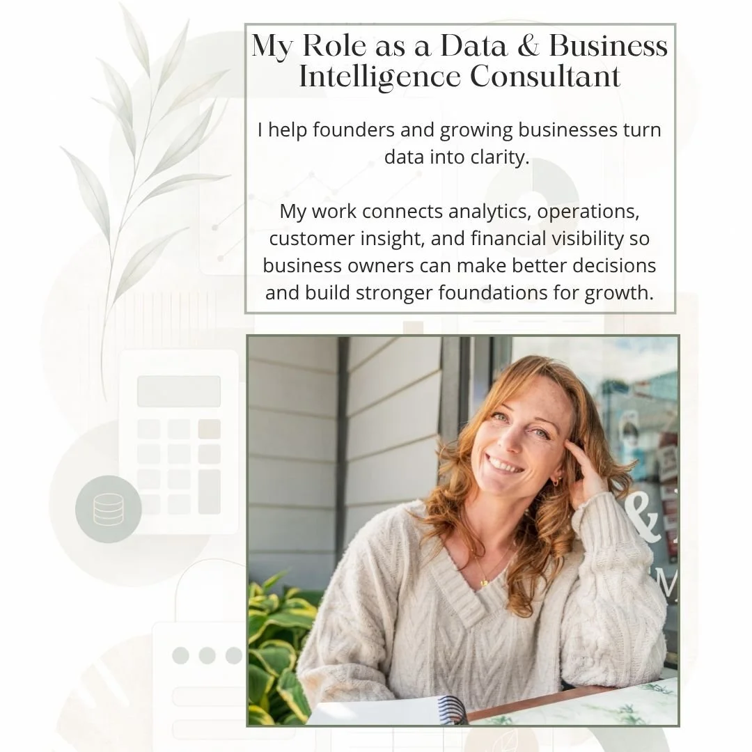 As a Data &amp; Business Intelligence Consultant, I help businesses use information more clearly whether they&rsquo;re just starting, growing quickly, or managing complexity at scale.

For startups, that may mean building the first systems for tracki