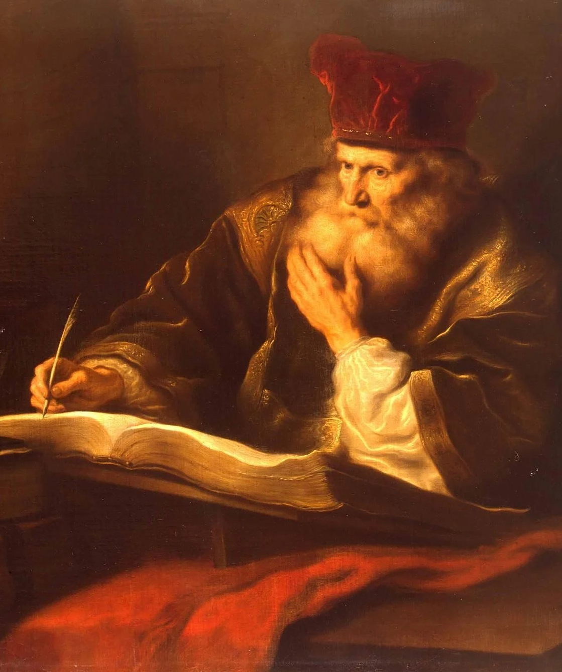 Painting of an elderly man with a white beard, wearing a red hat, sitting at a table with an open book and a quill, resting his chin on his hand in a thoughtful pose.