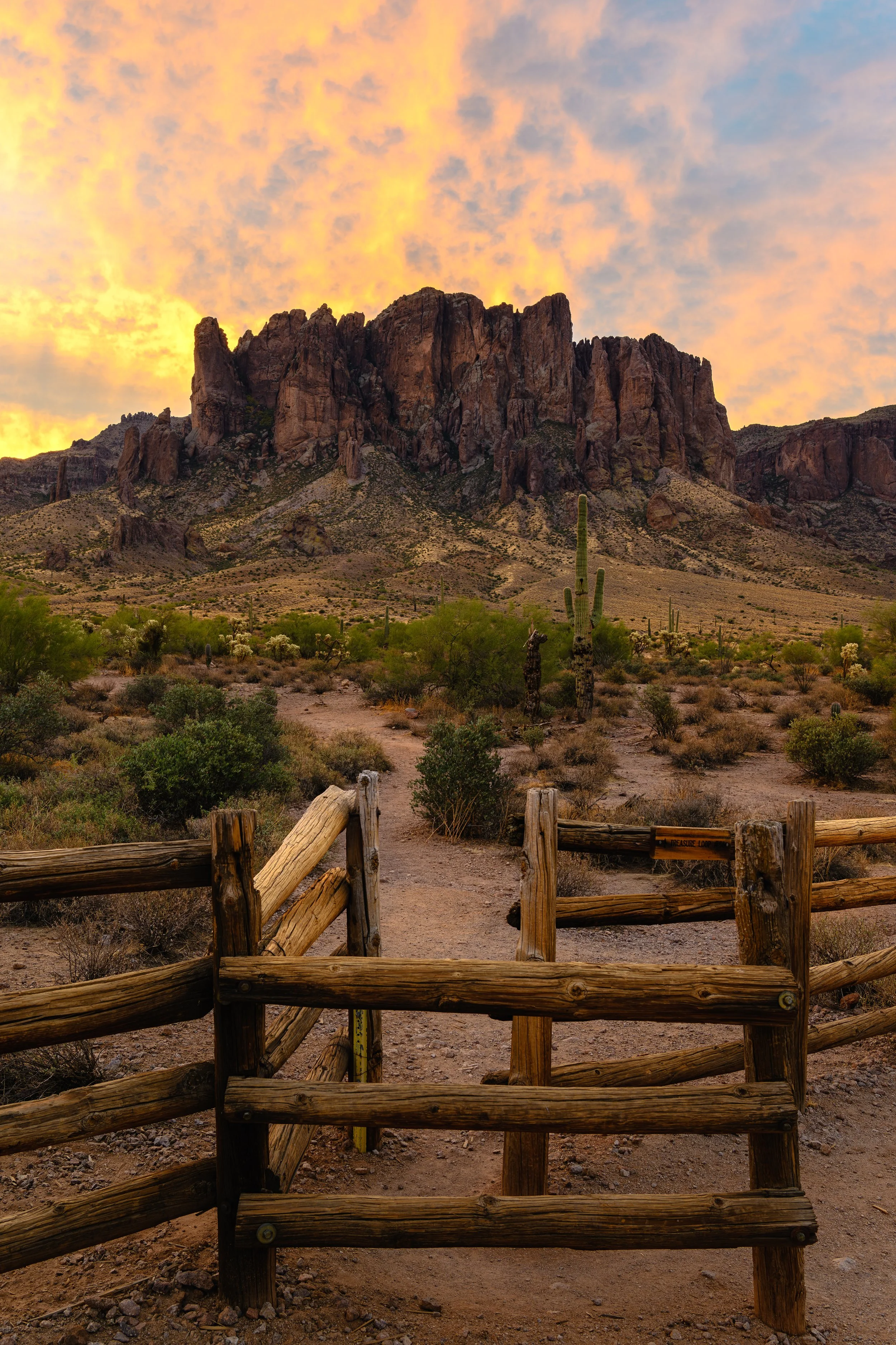 A desert landscape featuring a dirt trail, a wooden gate, tall cacti, shrubs, and Superstition Mountains under a colorful sunrise sky.