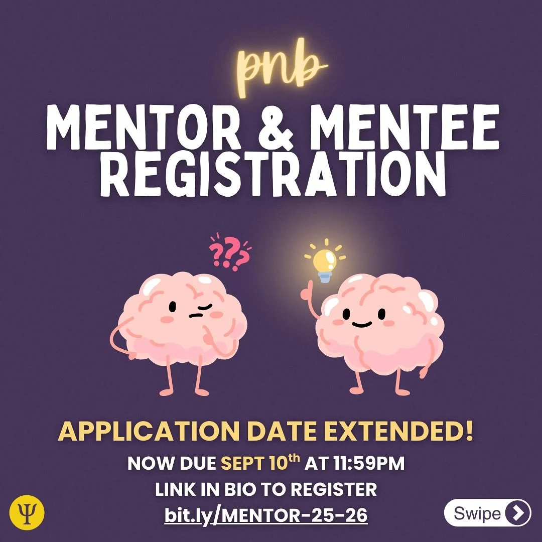 Hey PNB! Registration for the 2025/2026 Mentorship Program has been extended! You now have until Wednesday, September 10th at 11:59PM to apply.

💜 As a mentee, you&rsquo;ll gain insight into courses, research opportunities, and future pathways while