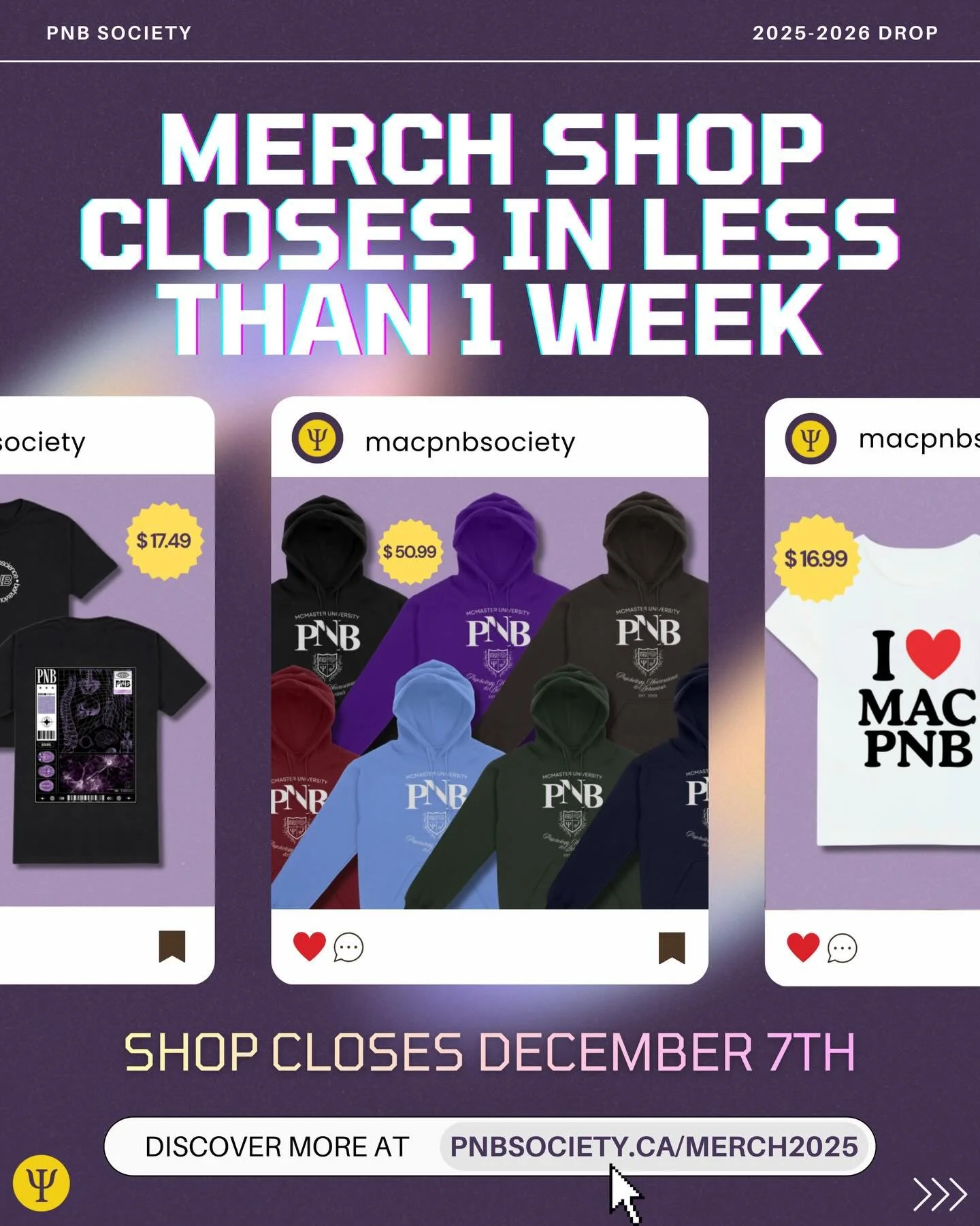📣TIME IS RUNNING OUT!📣

The annual McMaster PNB merch shop closes in less than ONE WEEK, don&rsquo;t miss out on the chance to grab your favourite items!✨

The merch shop closes on December 7, 2025, at 11:59 pm EST!⏳

Take a look at our shop for li