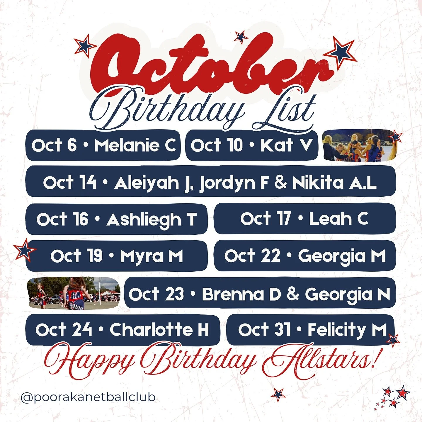 We have a massive month coming up, with 13 of our Allstars celebrating their birthday at some point over the next 4-weeks🤩 Wishing all our of October born stars a very Happy Birthday❤️💙