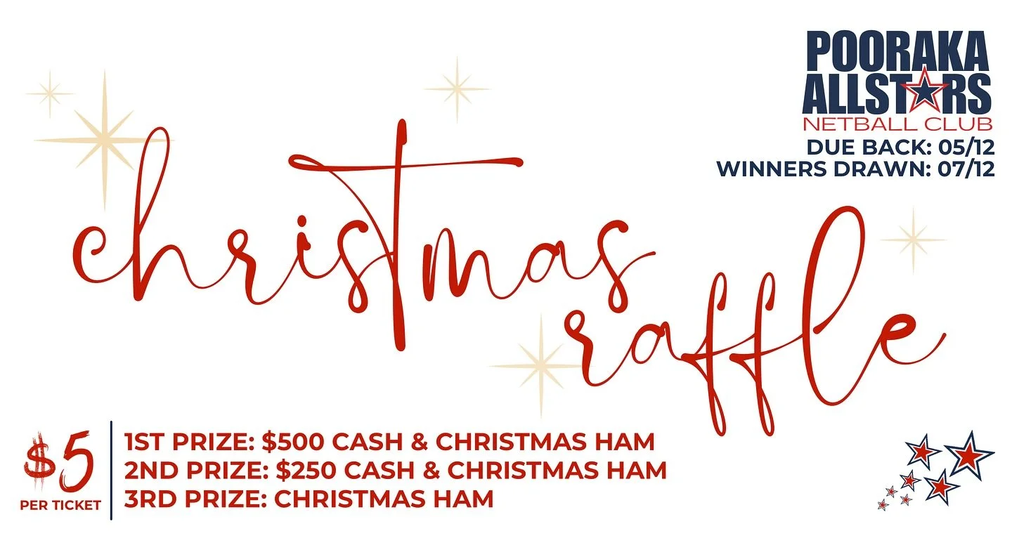 CHRISTMAS RAFFLE🎅🏼🎄

It&rsquo;s the most magical time of the year, Allstars!🌟 Raffle books will begin floating around amongst our players from tonight, and that&rsquo;s because our annual Christmas Raffle has made a grand ol&rsquo; comeback!

If 