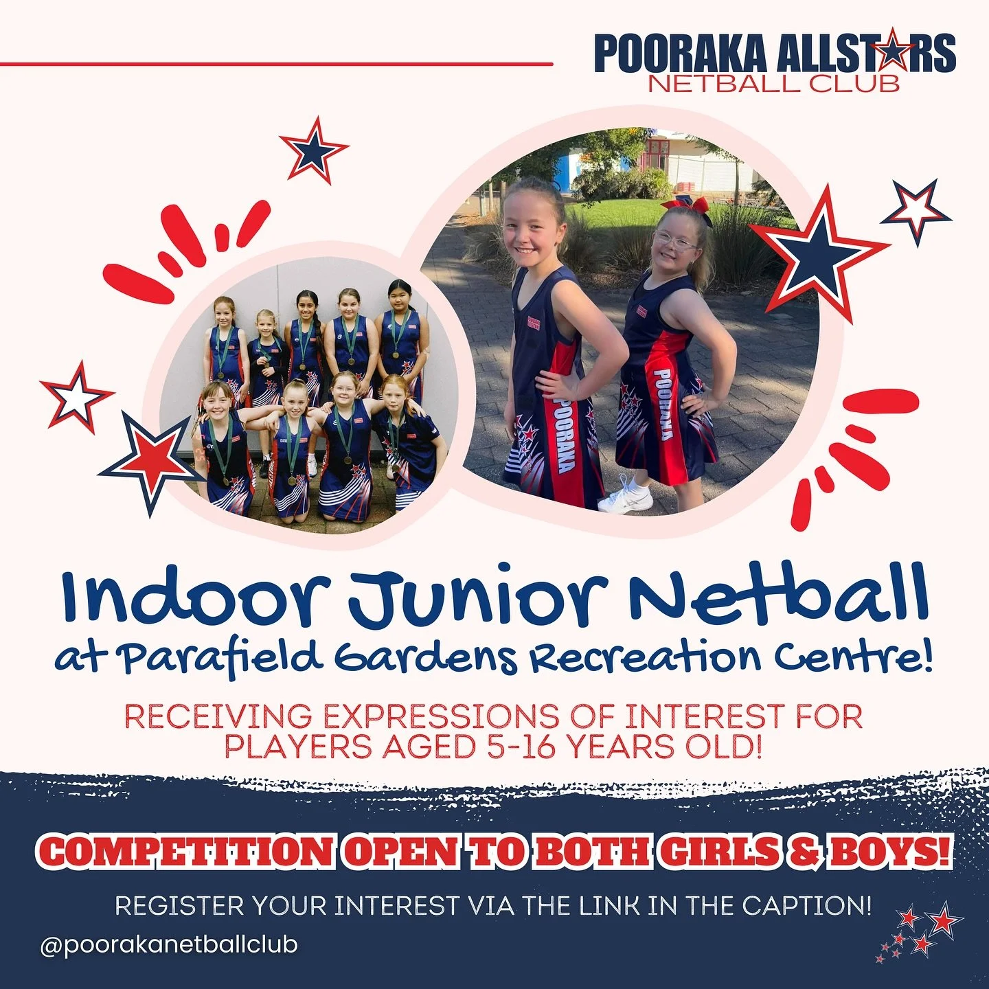 INDOOR JUNIOR NETBALL AT PARAFIELD GARDENS RECREATION CENTRE🤩

Pooraka Netball Club are looking to expand and introduce additional teams indoor at Parafield Gardens Recreation Centre (PGRC) in 2026 due to an influx of further interest for the new se