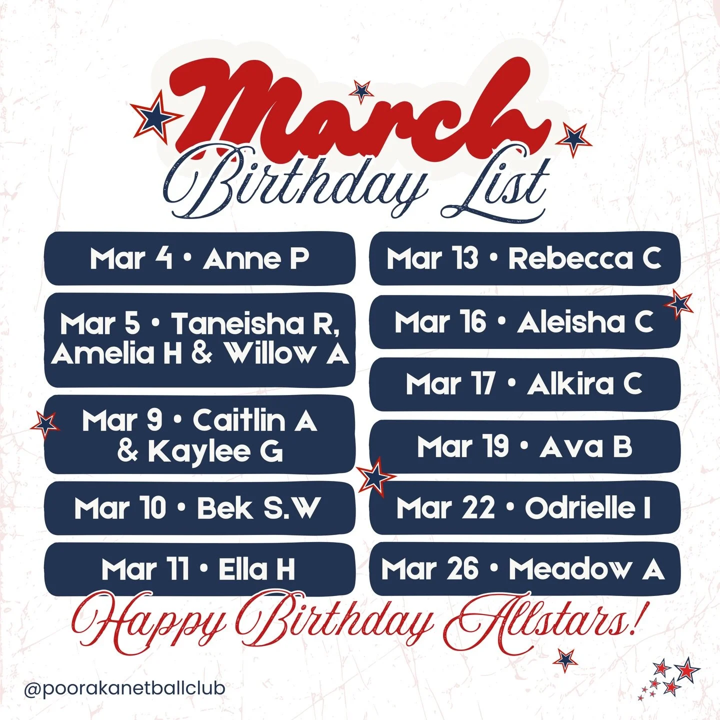 Wishing all of our March born Allstars a big Happy Birthday!!🤩🎉 We hope you have an amazing day when yours comes around❤️💙