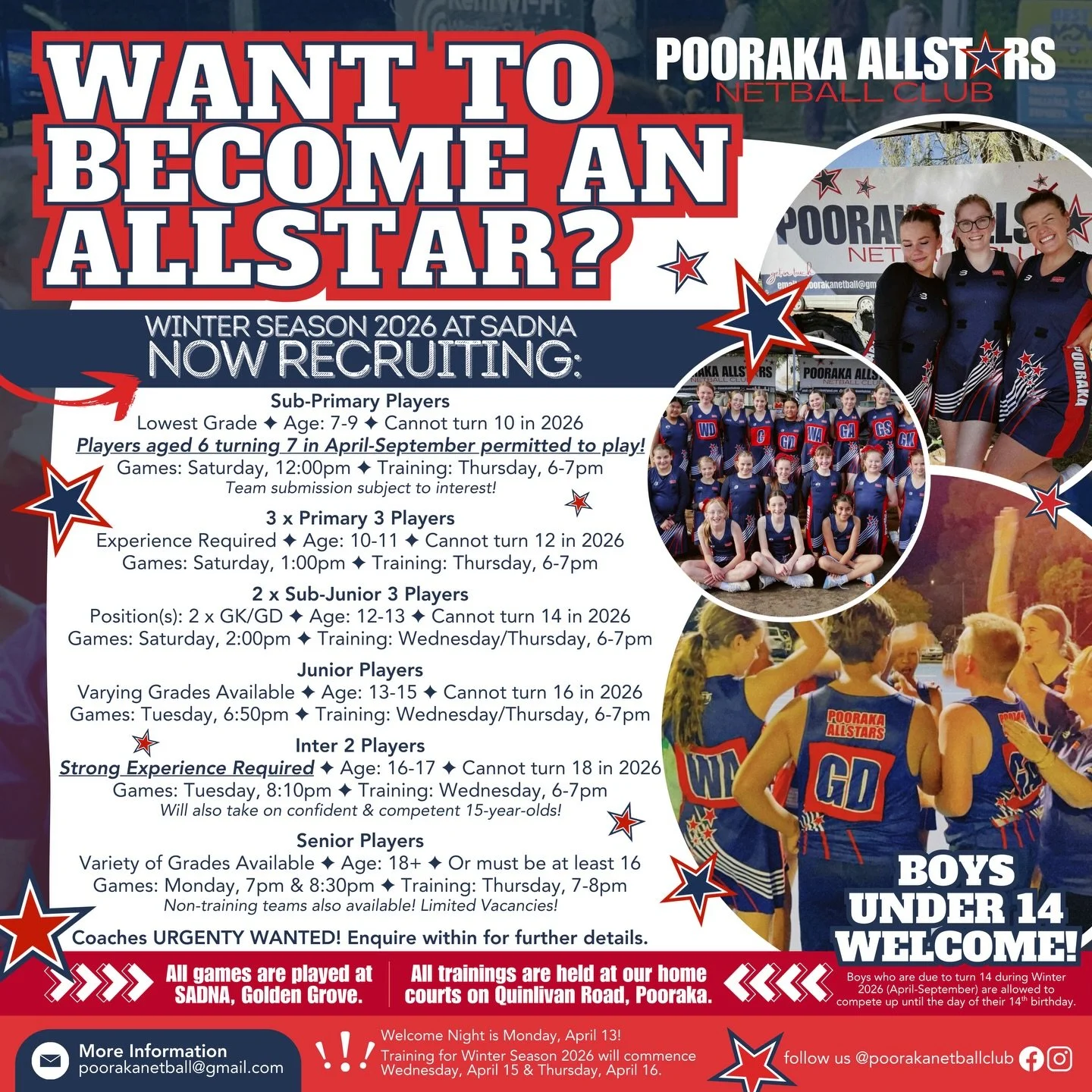 Pooraka Allstars Netball Club are currently recruiting its next generation of Allstars to complete and introduce new teams for the upcoming WINTER SEASON 2026 at SADNA, Golden Grove🌟

Pre-season will commence from April 13, with the official competi