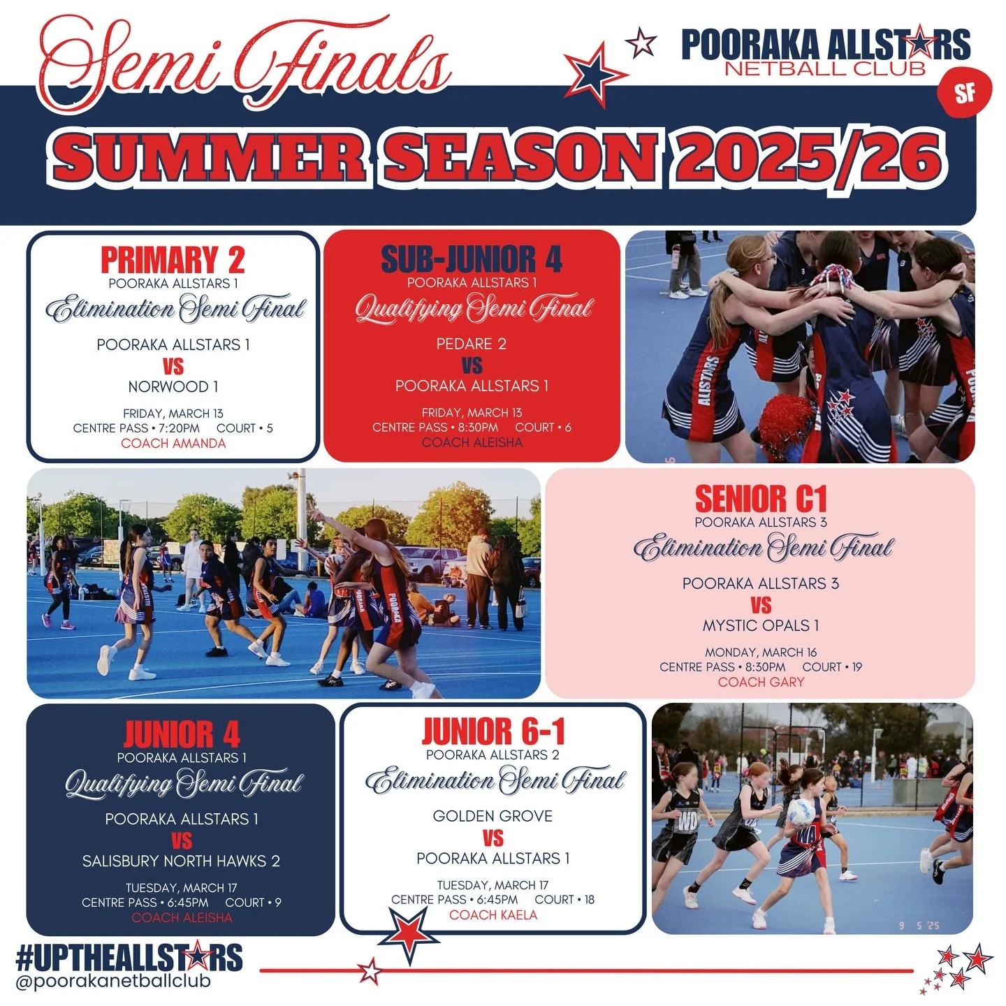 SEMI FINALS FOR SUMMER SEASON 2025/26 ARE FINALLY HERE🌟 And our Allstars are more than ready to gooo!

Upcoming Semi Final matches:
Friday, March 13
〉Primary 2 at 7:20pm on Court 5
〉Sub-Junior 4 at 8:30pm on Court 6
Monday, March 16
〉Senior C1 at 8:
