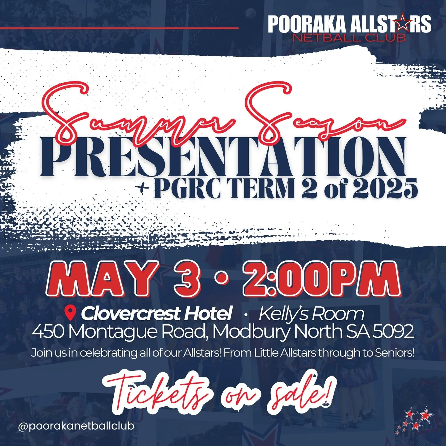 TICKETS ARE NOW ON SALE for our Summer Season 2025/26 &amp; Parafield Term 2 - 2025 Presentation🤩 Join us on SUNDAY, MAY 3 for a day filled with celebrating the success &amp; achievements of our Allstars over the last season. 

🎟️ Purchase your tic