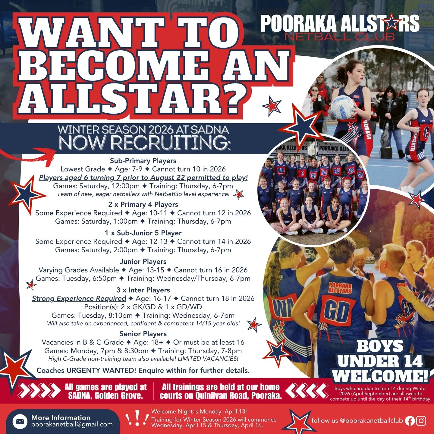 Pooraka Allstars Netball Club are currently recruiting its next generation of Allstars to complete and teams for the upcoming WINTER SEASON 2026 at SADNA, Golden Grove🌟

Pre-season will commence from April 13, with the official competition season se