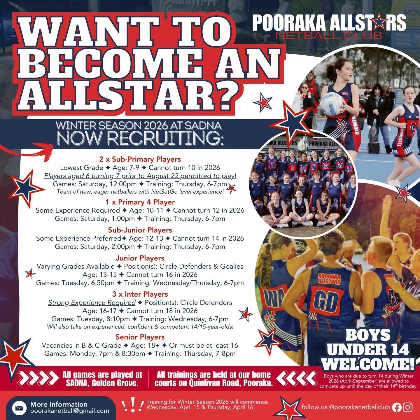 📣WE NEED YOUR HELP ALLSTARS!!

Pooraka Allstars Netball Club are URGENTLY recruiting its next generation of Allstars to complete expansion teams for the upcoming WINTER SEASON 2026 at SADNA, Golden Grove🌟

Pre-season will commence April 15 &amp; 16