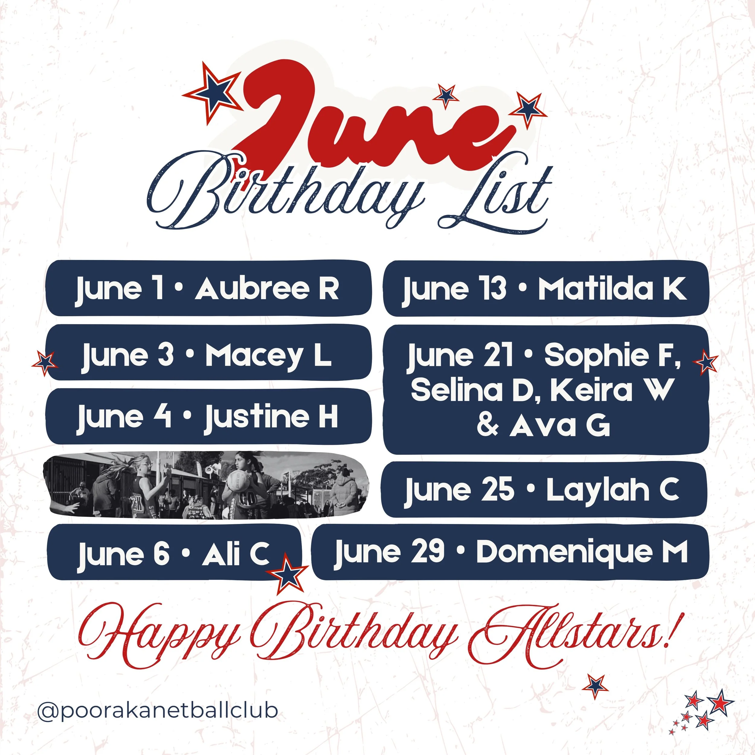 We would love to wish all of our June born Allstars the happiest of birthdays!! We hope you have the most amazing day when yours comes around❤️💙

A happy belated birthday to Aubree R (SJ3 &amp; U/12s) who celebrated her lucky day on the 1st🌟