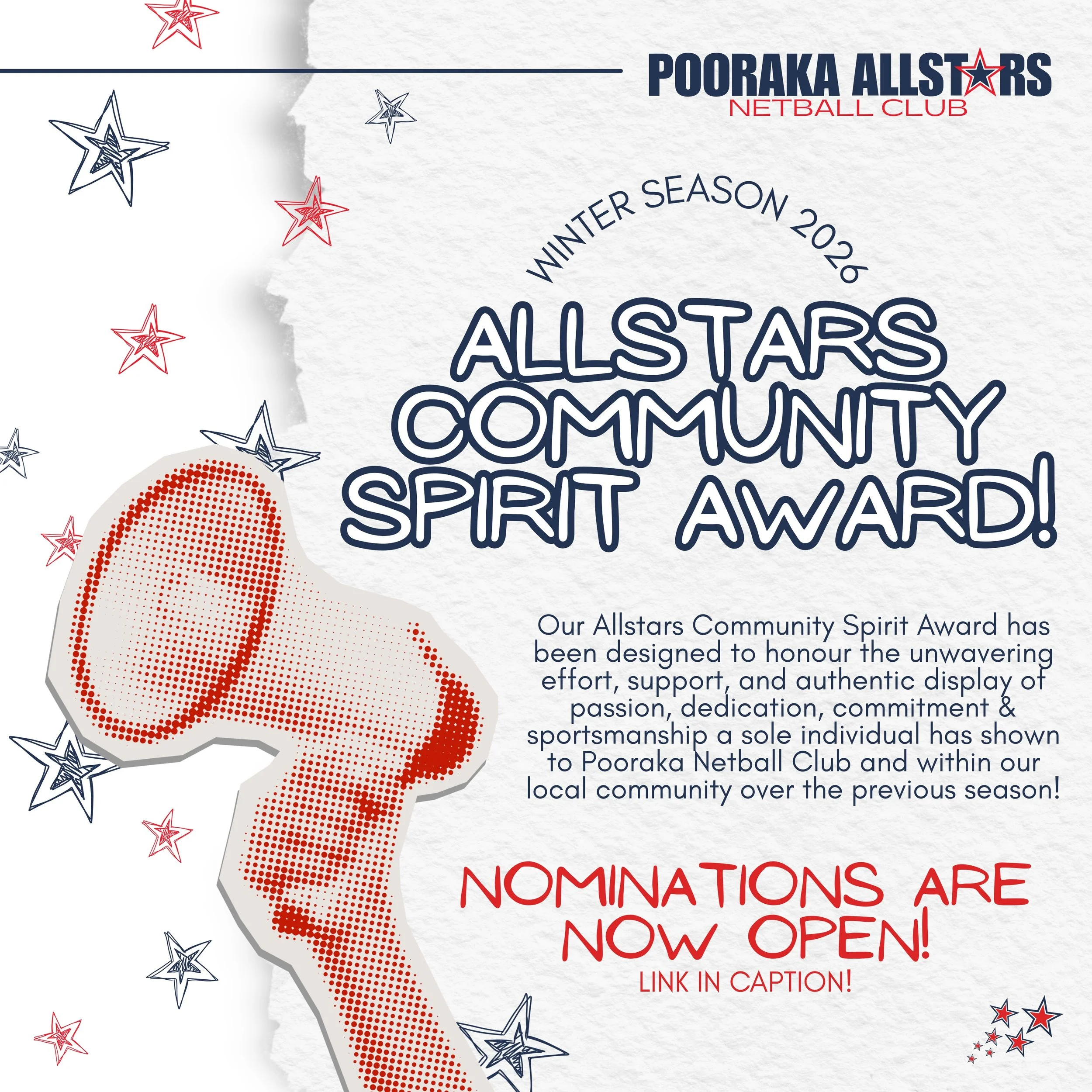Our Allstars Community Spirit Award is back for Winter Season 2026!🌟

Our club is built on more than just netball. It&rsquo;s built on the individuals who give their time, energy and heart to Pooraka - some who don&rsquo;t even hold an official posi