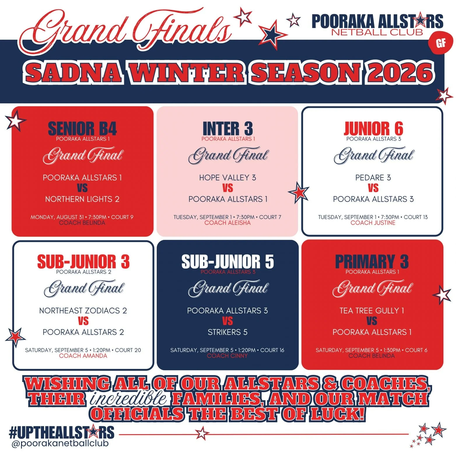 IT&rsquo;S TIME&hellip; GRAND FINALS FOR WINTER SEASON 2026 ARE FINALLY HERE🌟 Our Allstars are absolutely roaring &amp; ready to go!!💪🏼

Grand Final Matches:
Monday, August 31
〉Senior B4 at 7:30pm on Court 9
Tuesday, September 1
〉Inter 3 at 7:30pm