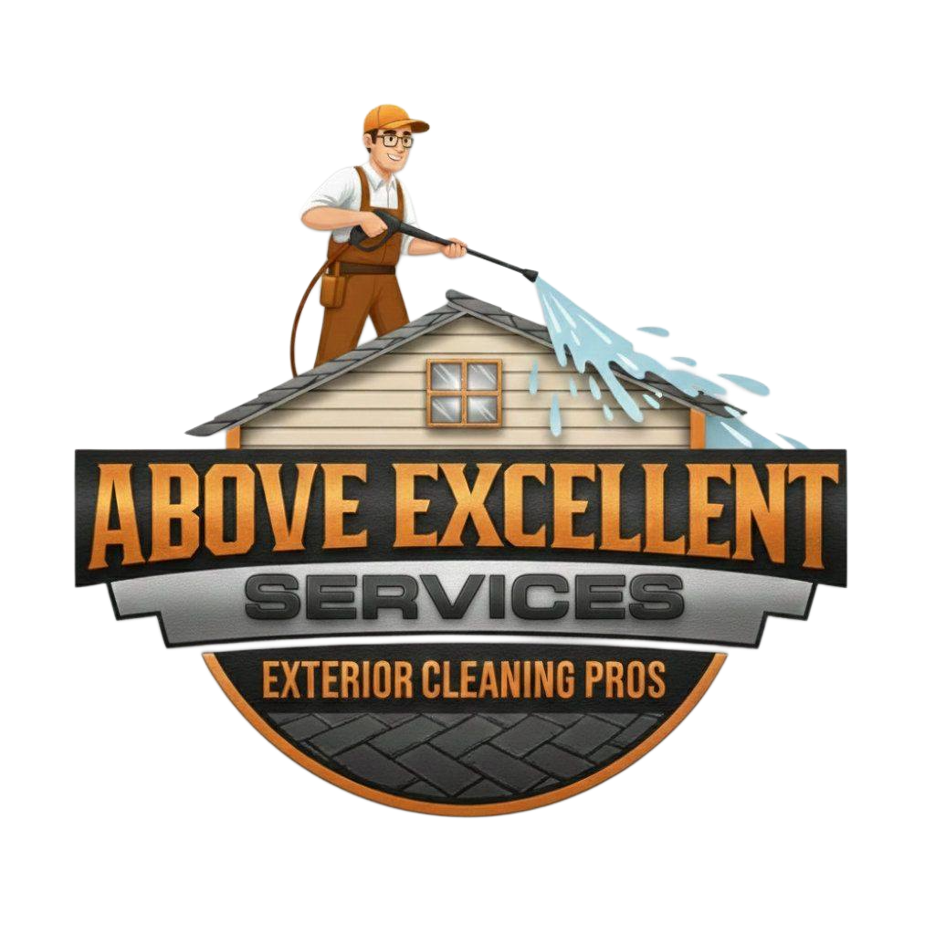 Logo for Above Excellent Services, showing a man in work clothes pressure washing or soft washing a roof with eco friendly cleaning solutions, and text indicating exterior cleaning pros.