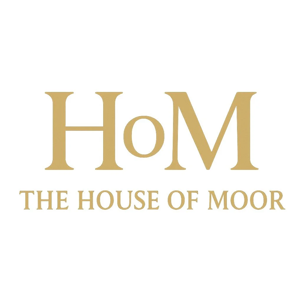 Logo for the House of Moor with the initials 'H o M' in large gold letters and the full name 'The House of Moor' beneath in smaller gold text, on a white background.