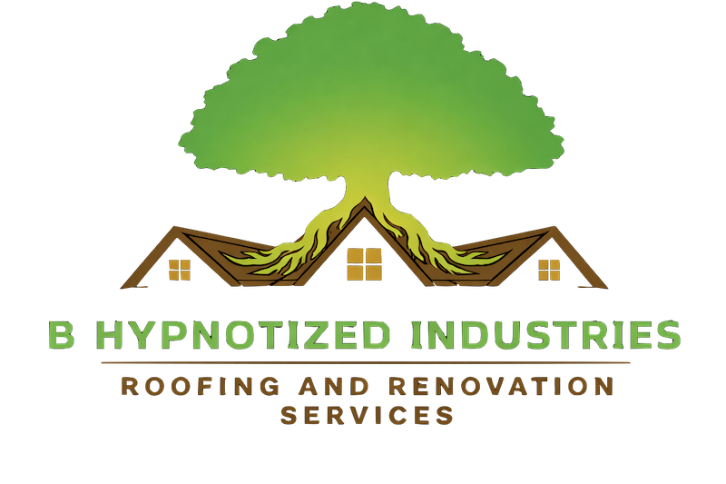 Logo for B Hypnotized Industries roofing and renovation services featuring a house with a roof and a tree growing from the roof.