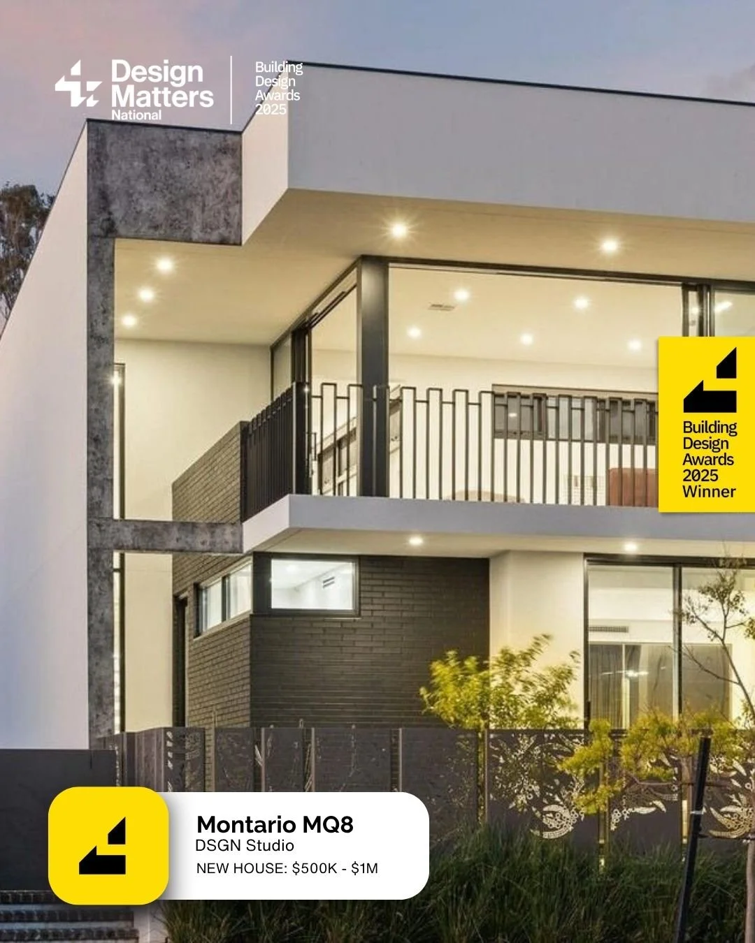 Modern multi-story house with large glass windows and balconies, illuminated at night, with awards and project details overlays.