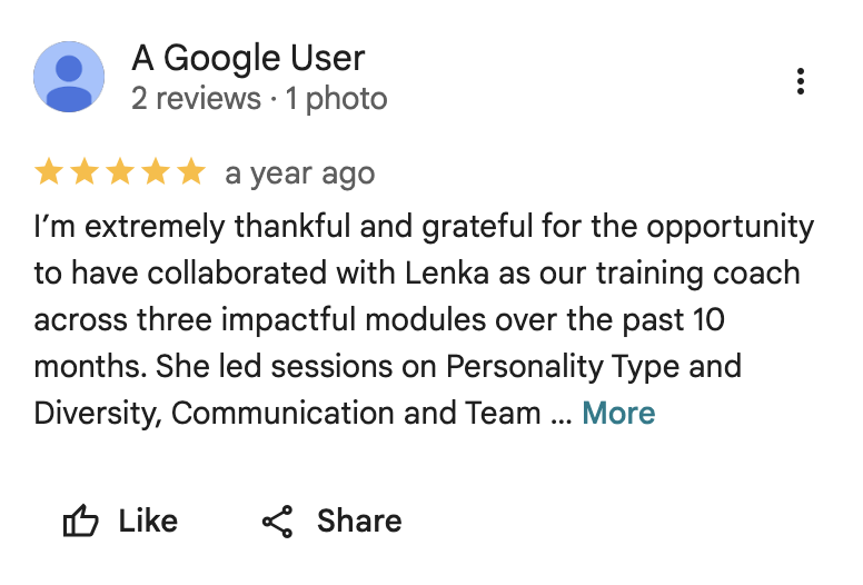 Google review from a user thanking Lenka for coaching on personality type, diversity, communication, and team modules.