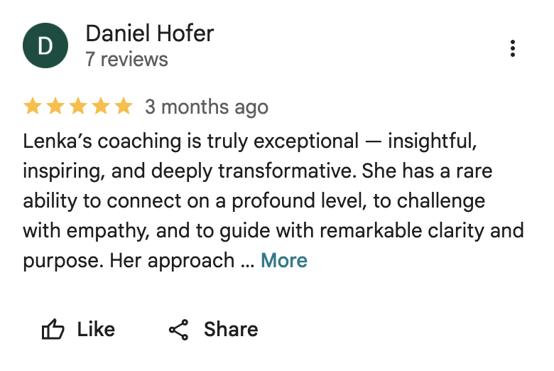 Google review by Daniel Hofer, with five gold stars, praising Lenka's coaching for being insightful, inspiring, and transformational.