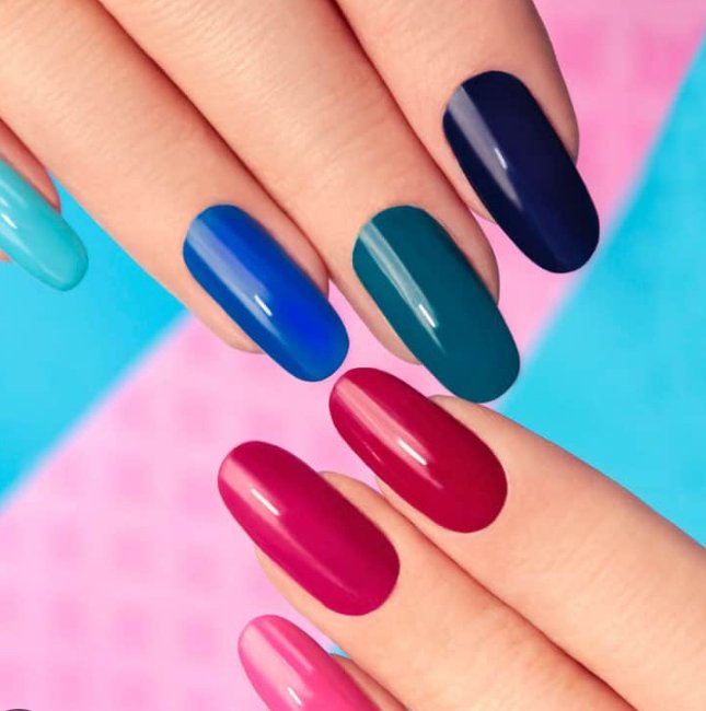 Collection by Glossify, shades of blue and teal, and shades of pink and red.