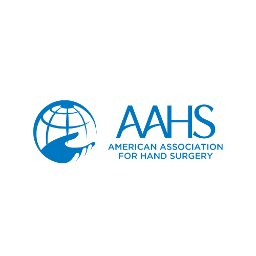 Logo of the American Association for Hand Surgery (AAHS), featuring a globe and a stylized hand in blue.
