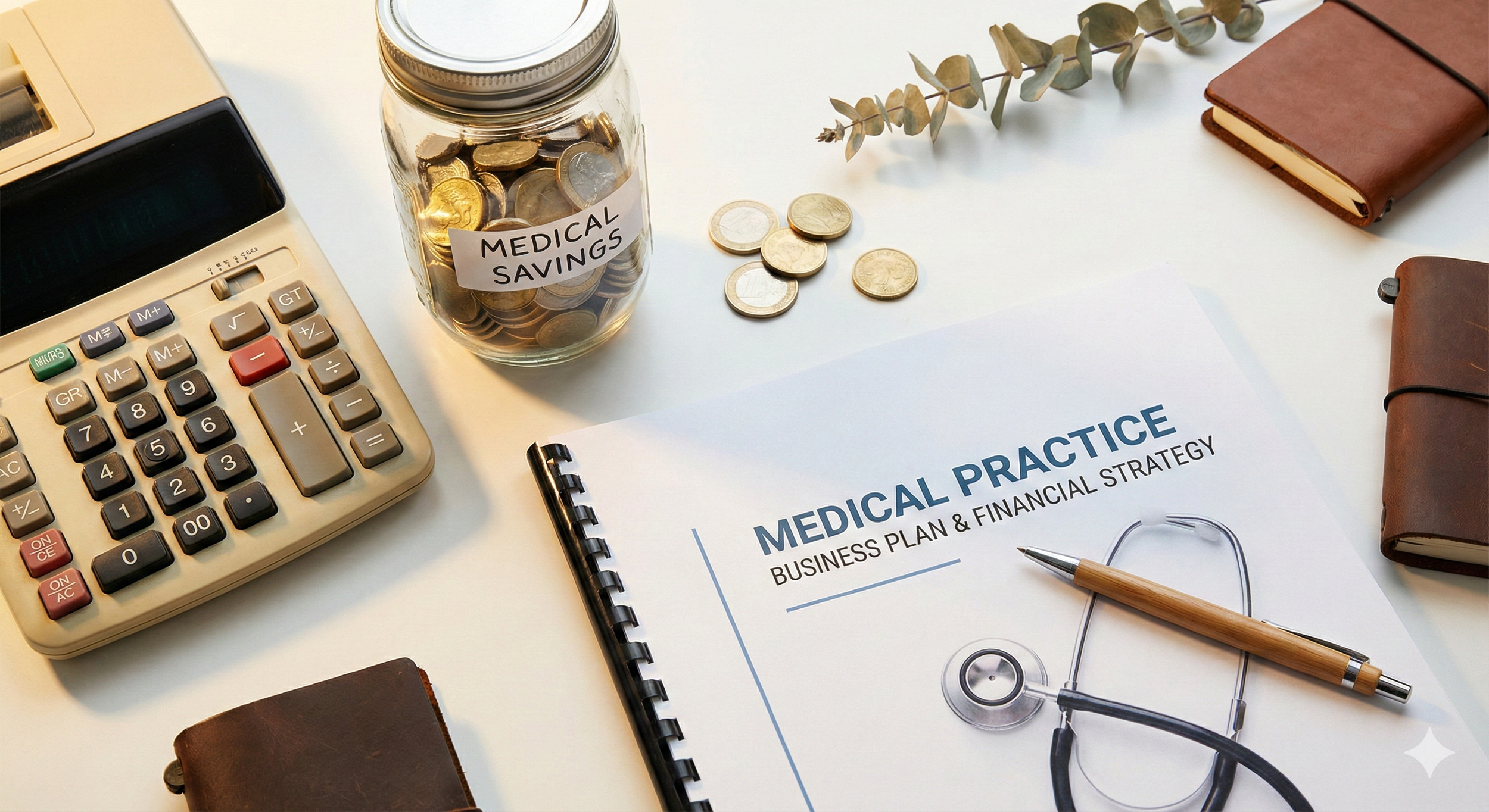 A flat lay of a desk with a calculator, a savings jar with coins, a medical practice business plan document, and a pen. Overhead shot, clean white background, warm tones. Financial planning for doctors theme. High quality