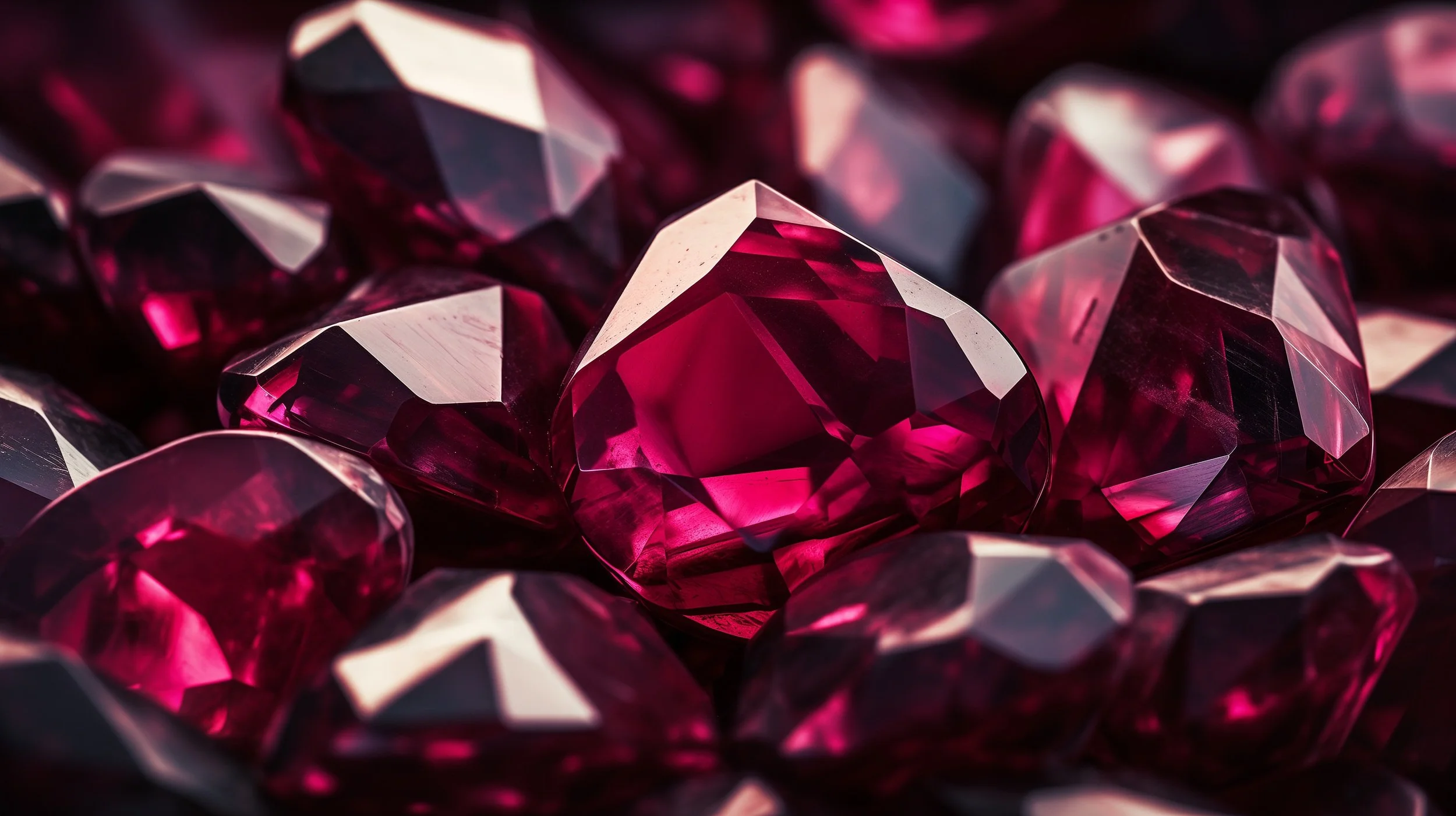 Close-up of multiple deep pink gemstones with faceted cuts