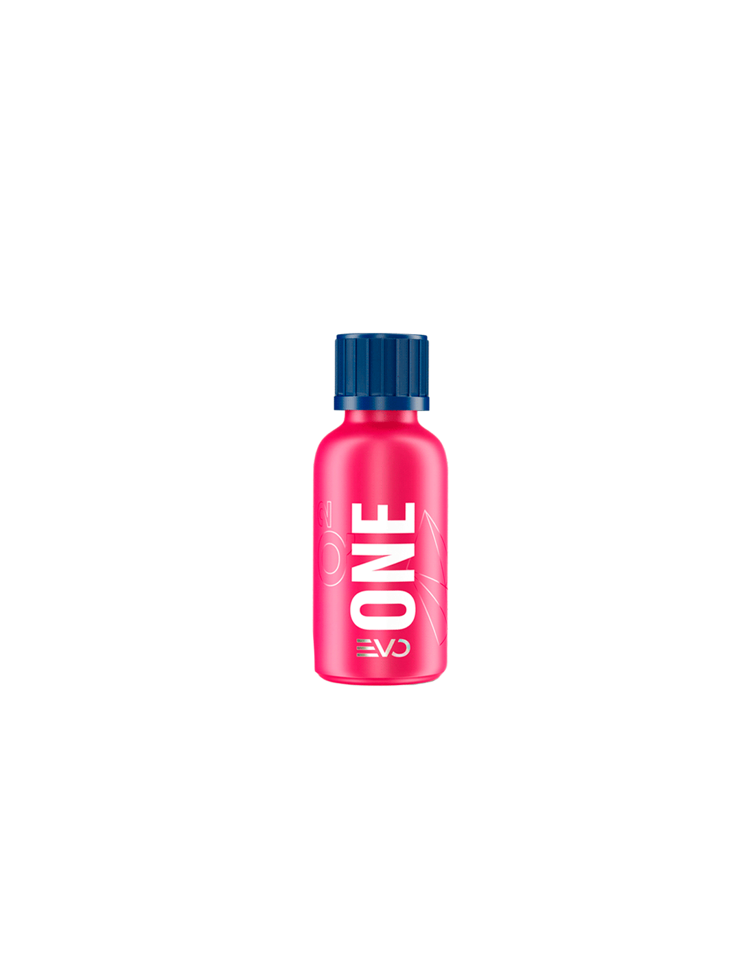 Pink capsule-shaped vitamin bottle with a blue cap, labeled 'ONE' in white letters, on a white background