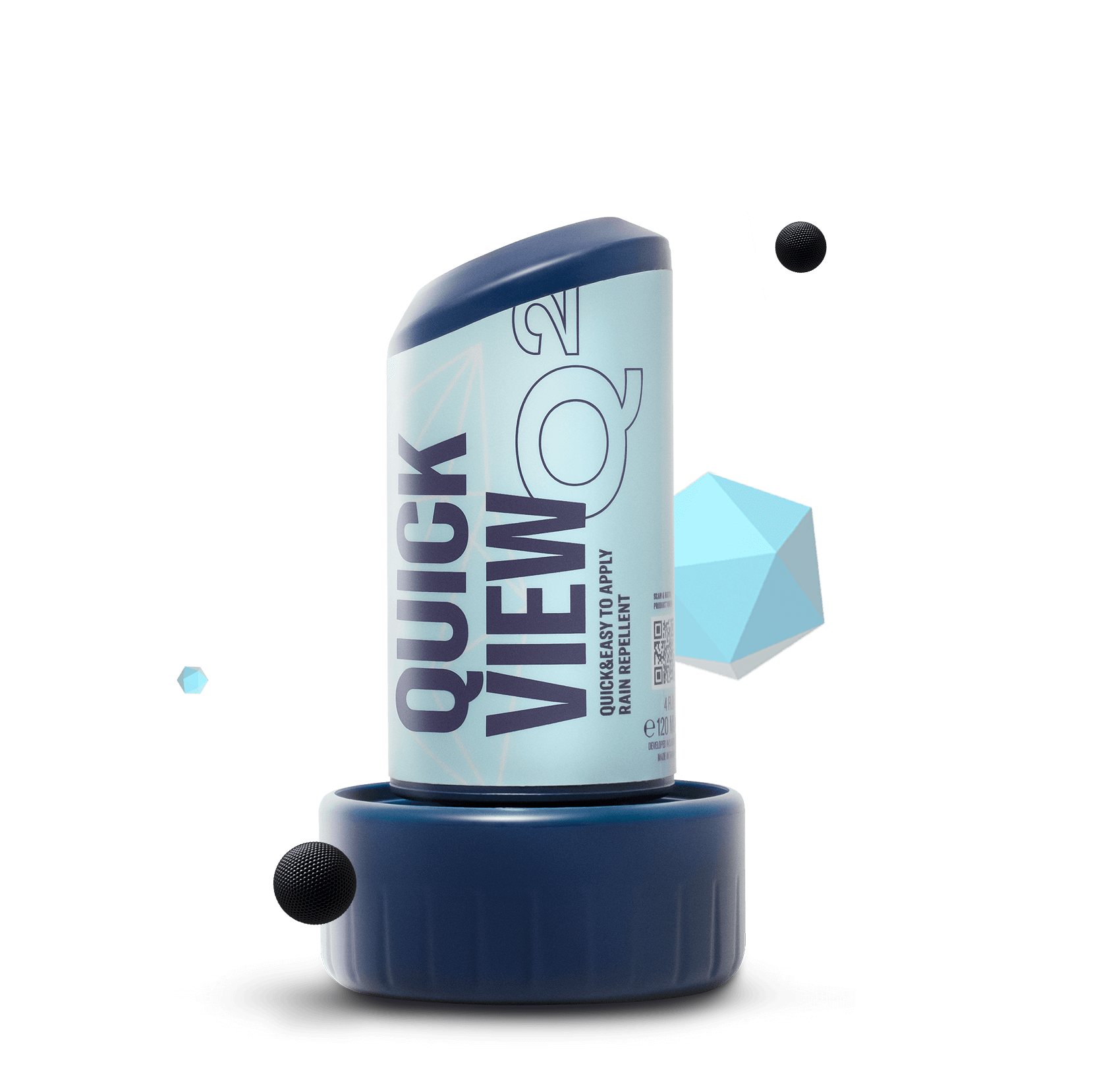 A speech bubble-shaped can of a cooling spray labeled "QuickFix WOW" in a digital environment with floating geometric shapes, including black spheres and a light blue polyhedron.