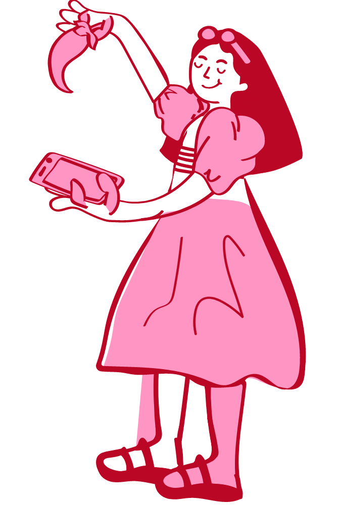 A cartoon girl in a pink dress with a pink bow in her hair taking a selfie with a phone, smiling with her eyes closed.