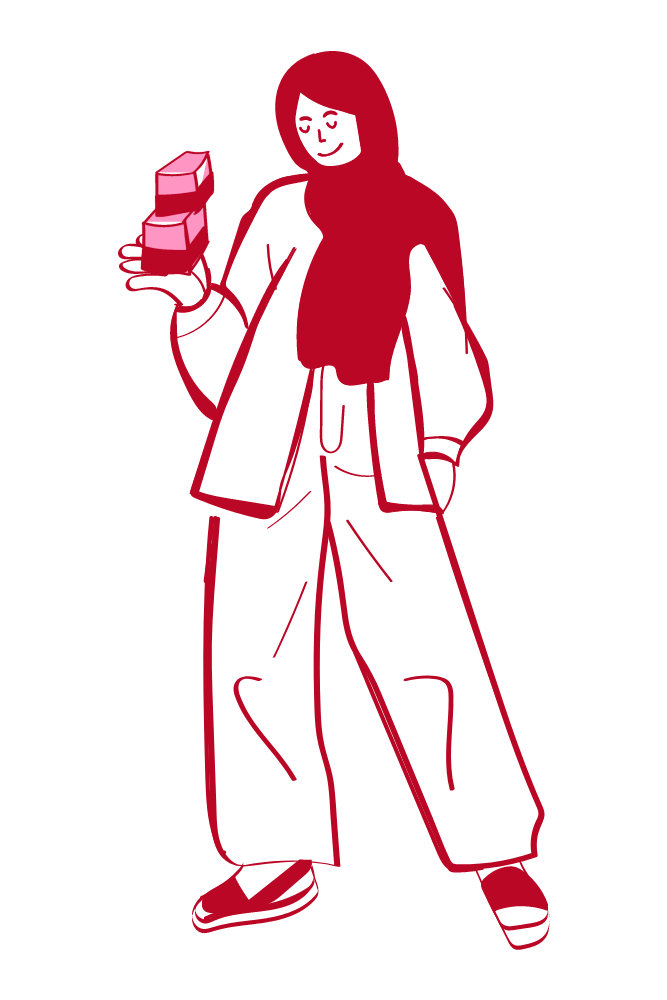 A cartoon woman with straight hair wearing a hijab, wide-leg pants, and sneakers, holding three pink boxes in her right hand.
